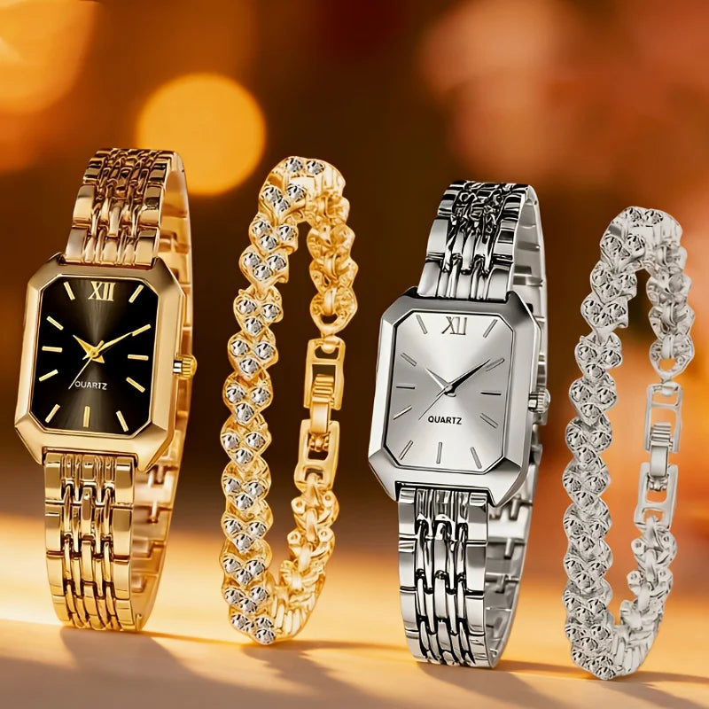 4PCS/Set Elegant Rectangle Quartz Wristwatch Heart Bracelets Set