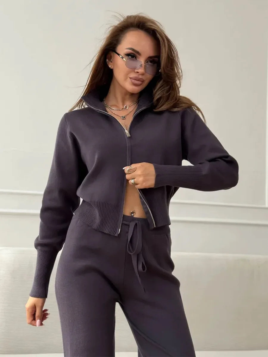 Knit Zip Up Cardigan Wide Leg Soft Fabric Cropped Sets