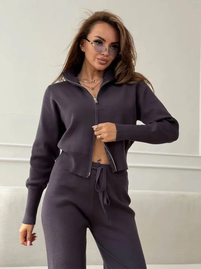 Knit Zip Up Cardigan Wide Leg Soft Fabric Cropped Sets