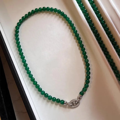 100% Natural Green Chalcedony 14K Gold Necklace