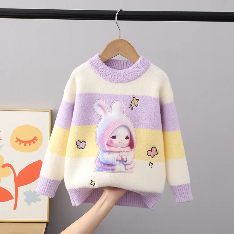 Autumn Winter Fluff Pullover Sweater Thickend Cartoon Rabbit O-Neck Full Sleeve