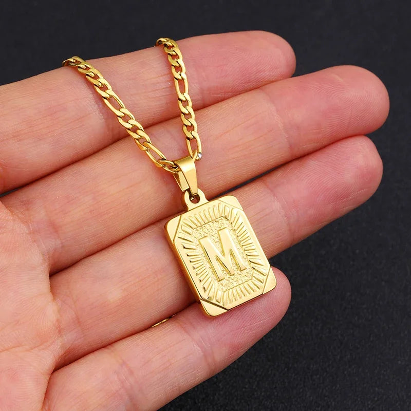 Initial Pendant Stainless Steel Letter Square Necklace