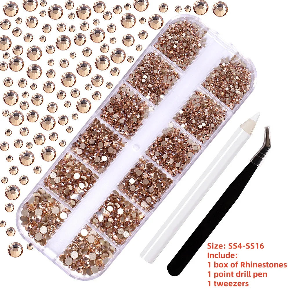 12Gird 3D Glass AB Crystal Nail Art Rhinestones Kit