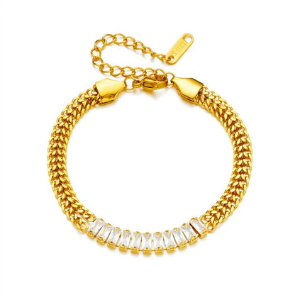 Stainless Steel 2 Rows Embedded Zircon Crystal Thick Chain Bracelets