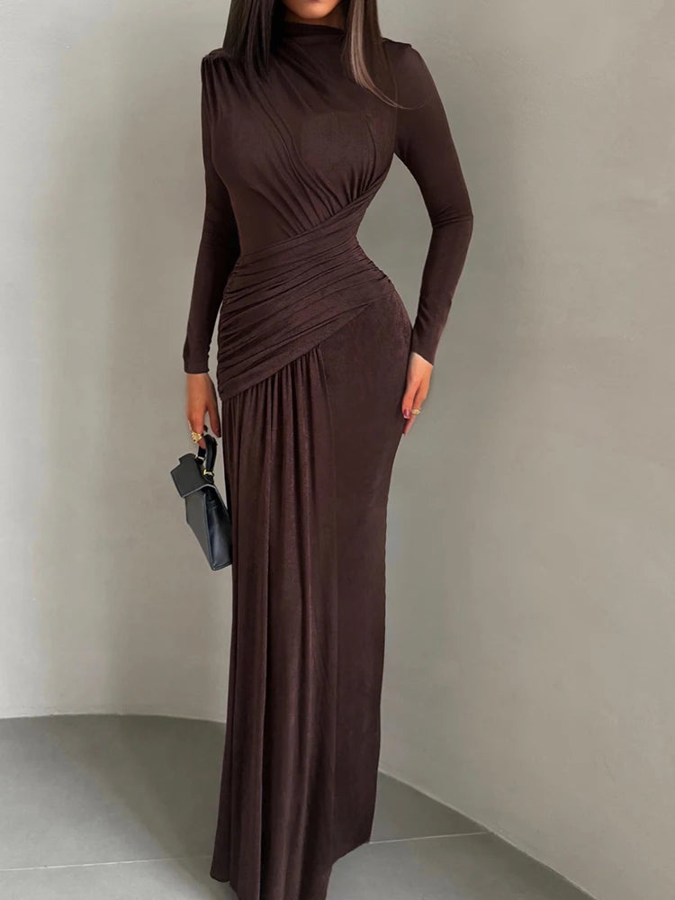 Folds Maxi Full Sleeve Elegant Skinny Dress