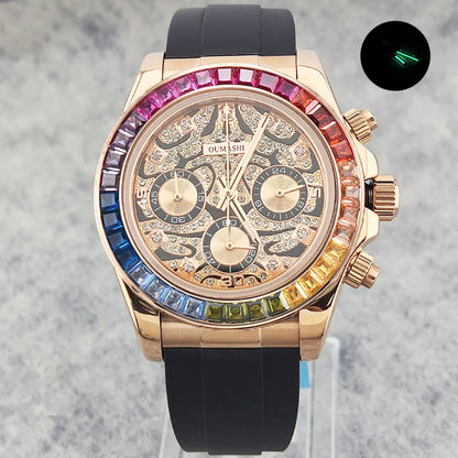 Movement Quartz Chronograph Sapphire Glass Gemstone Dial Luxury Waterproof Wristwatch