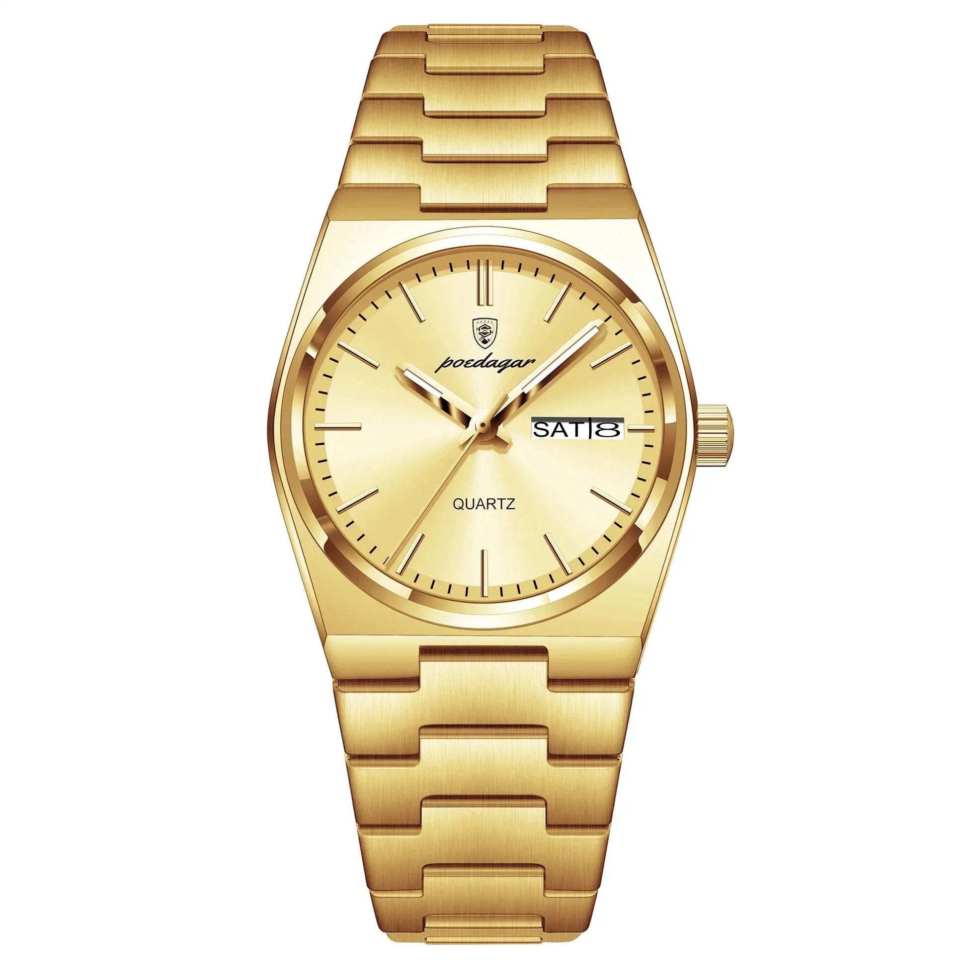 Gold stainless steel quartz wristwatch with date display and minimalist dial
