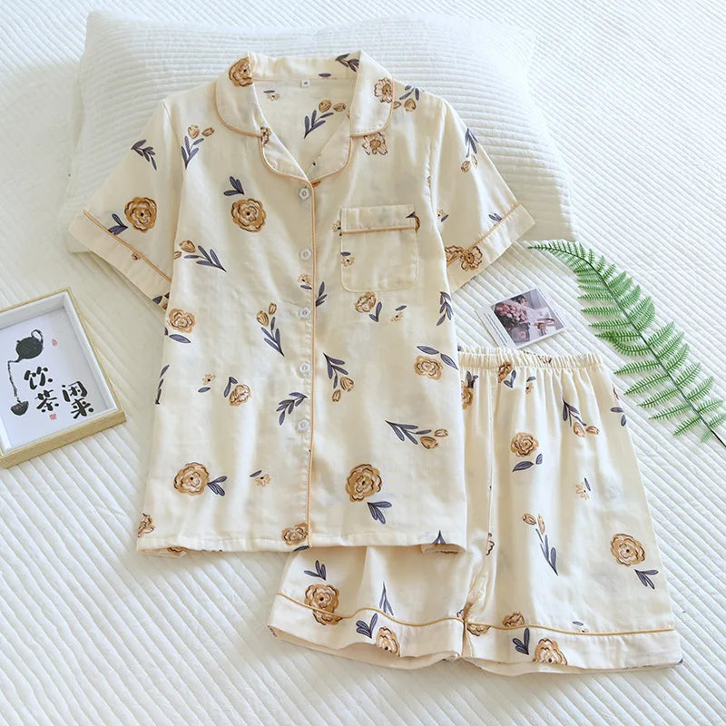 Japanese 100% Cotton Gauze Thin Short-sleeved Shorts Cute Cat Cartoon Pajama Set