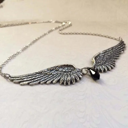 Angel Wings Feather Black Beads Pendant Choker Necklace