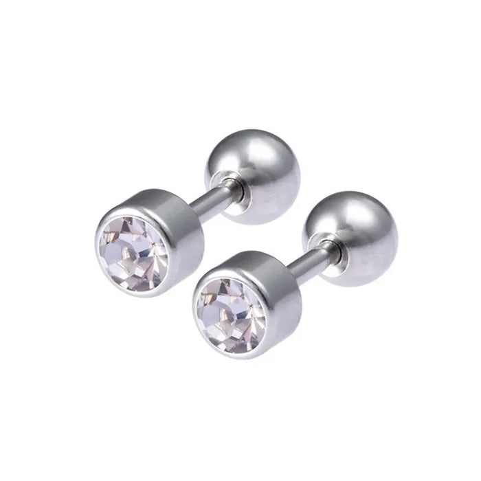 2Pcs Surgical Steel Crystal Screw Ball Stud Earrings