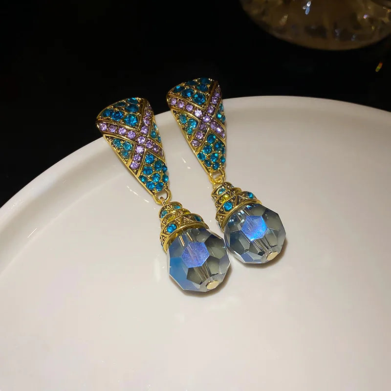 Vintage Blue Water Drop Crystal Clips Earrings