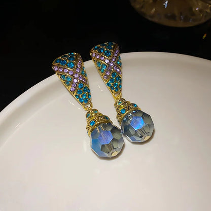 Vintage Blue Water Drop Crystal Clips Earrings