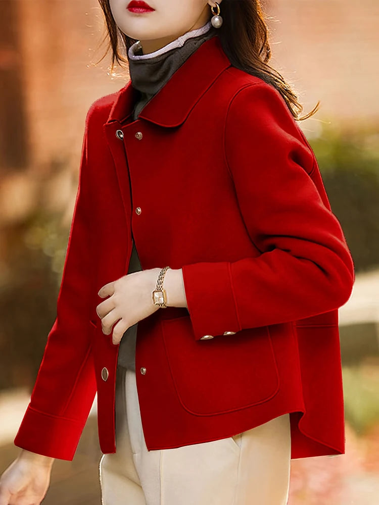 Classic Solid Short Woolen Warm Clothing Button Up Coat