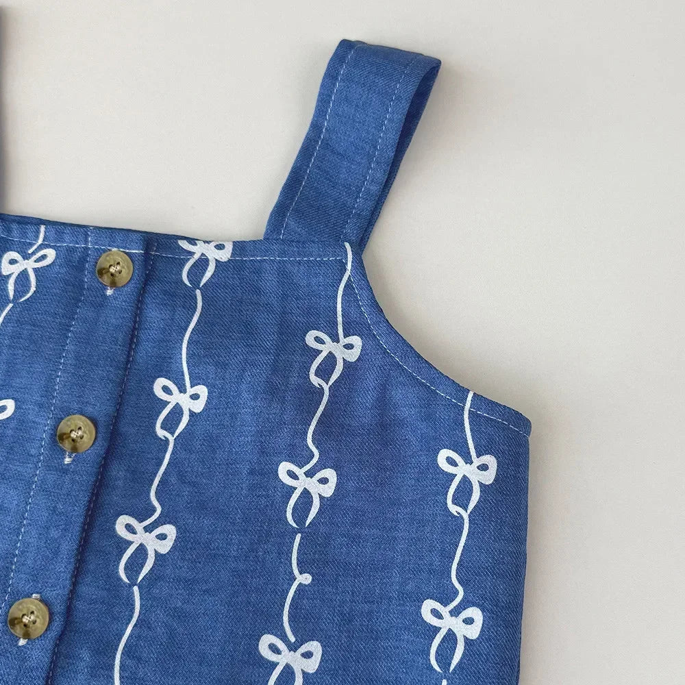 Korean Version Imitation Denim Bow Print Sleeveless Set