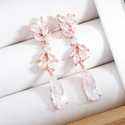 White Zircon Leaf Dangle Shinny Water Drop Crystal Earring
