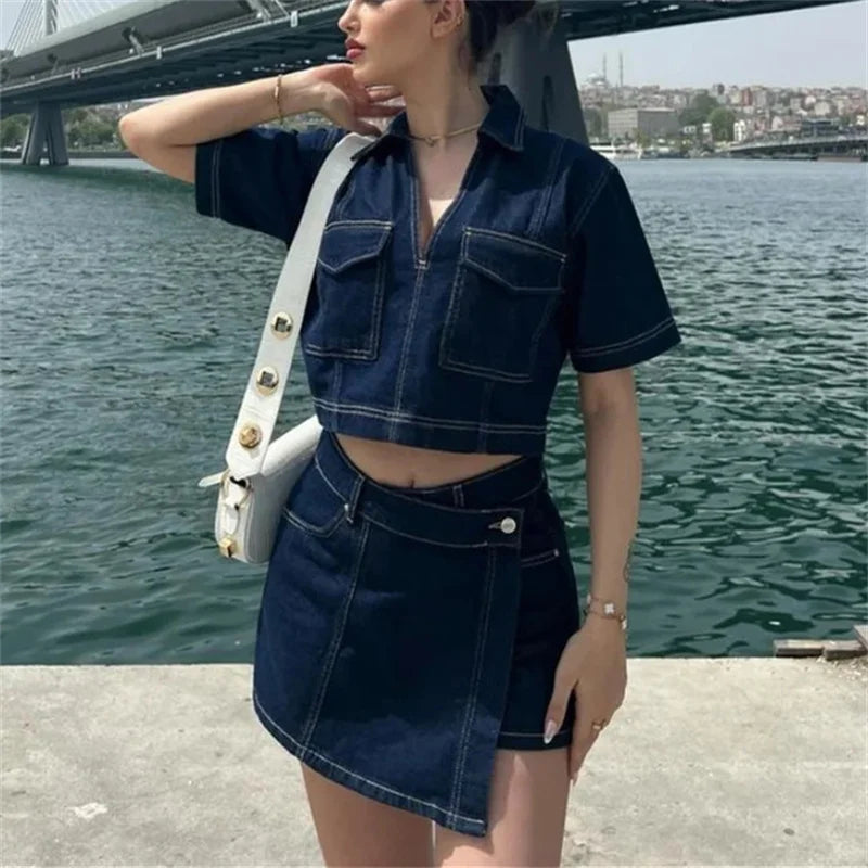Short Sleeve Cropped Shirt Streetwear Set