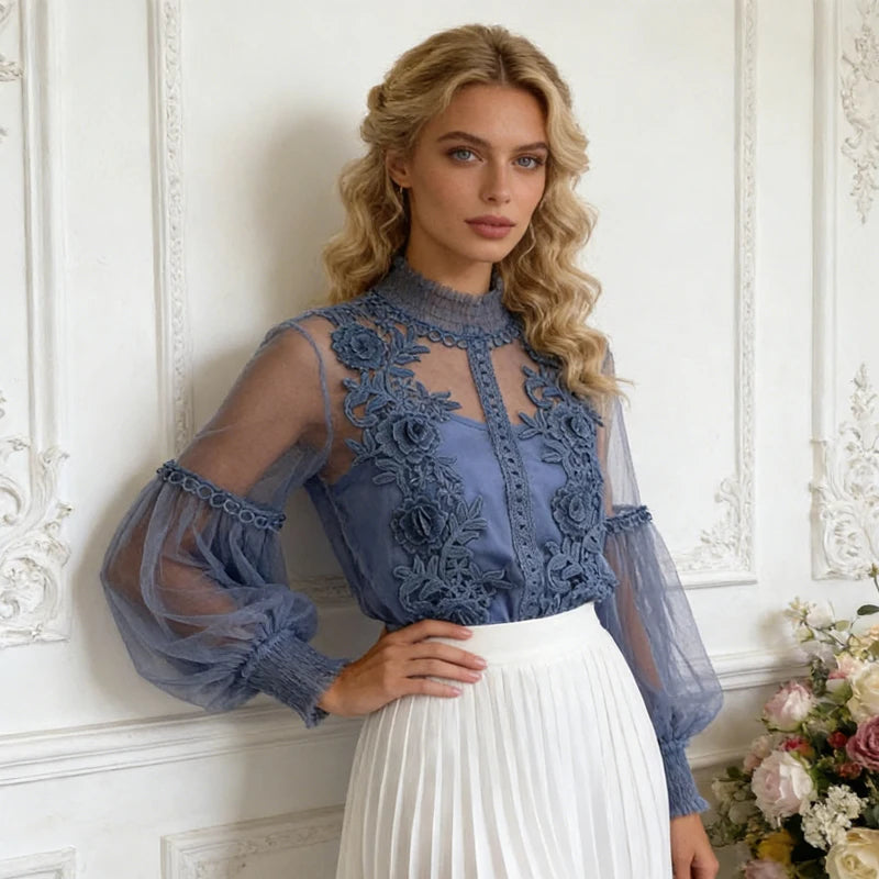 Vintage Lace Sweet Flower Perspective Mesh Lantern Sleeve Shirts
