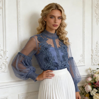 Vintage Lace Sweet Flower Perspective Mesh Lantern Sleeve Shirts