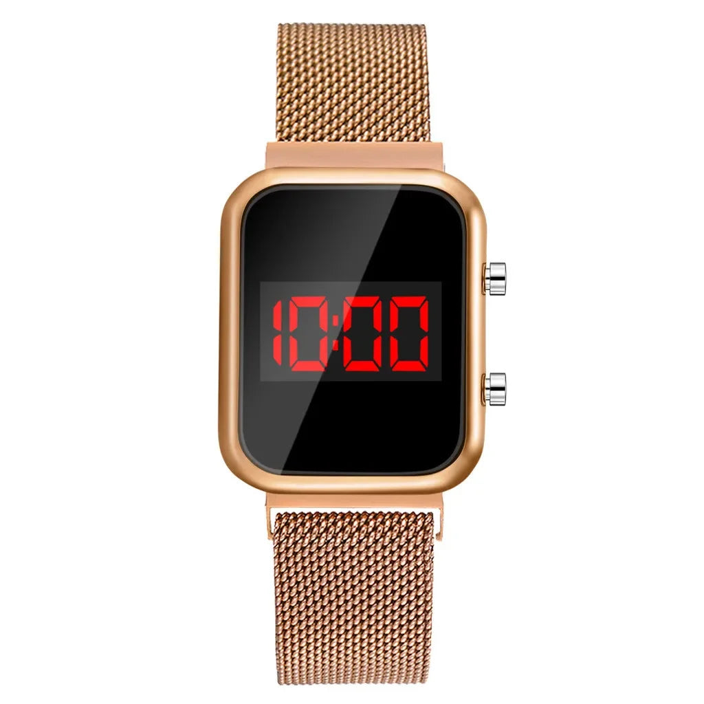 Rectangle LED Digital Luxury Rose Gold Magnetic Mesh Electronic Wristwatches