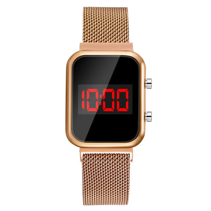 Rectangle LED Digital Luxury Rose Gold Magnetic Mesh Electronic Wristwatches