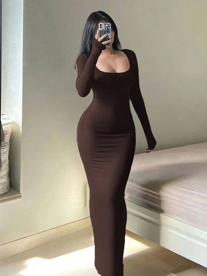 Long Sleeve Bodycon Scoop Neck Long Dress,