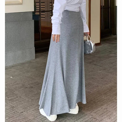 Gray Knitted Hip Wrap High Waist Fish Tail Midi Skirts