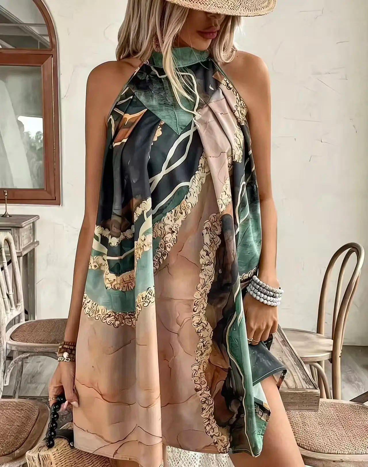 Sleeveless Crew Neck Striped Print Sexy Mini Dress