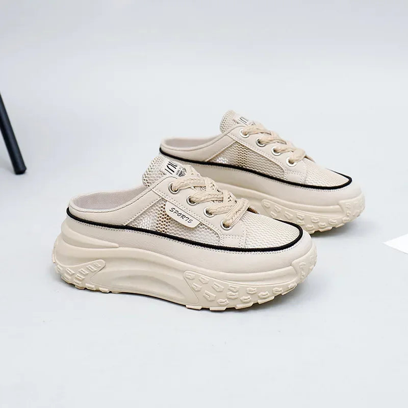 Thick Soles Increase Mesh Sport Lace Up Half Slipper Sneakers