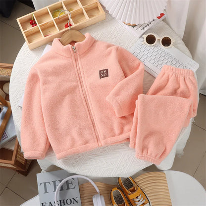Winter Polar Fleece Suits Comfortable Zipper Coats+Pants Set