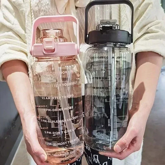 2L Water Bottle Portable Straw Plastic Water with Time Marker