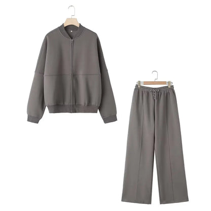 Zipper Bomber Jacket Sweatshirt High-waisted Lace-up Loose Velvet Pants Suit