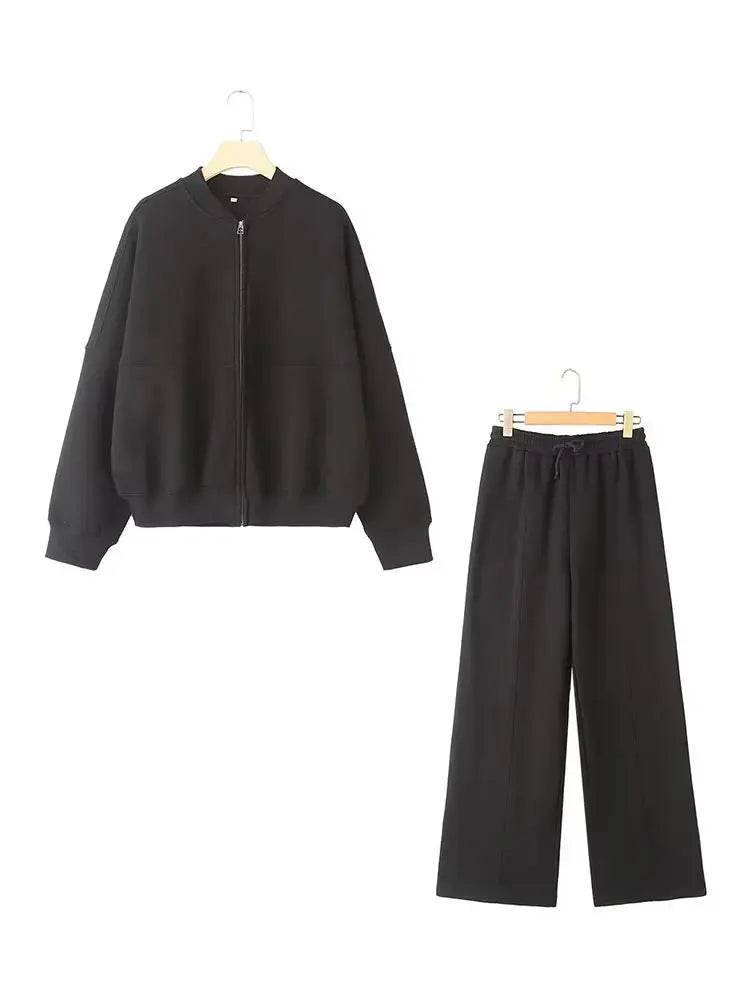 Zipper Bomber Jacket Sweatshirt High-waisted Lace-up Loose Velvet Pants Suit