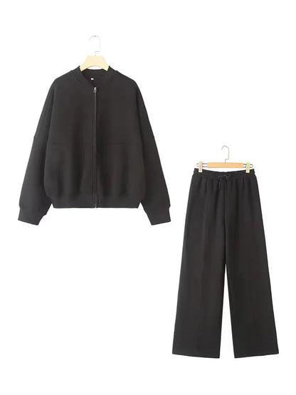 Zipper Bomber Jacket Sweatshirt High-waisted Lace-up Loose Velvet Pants Suit