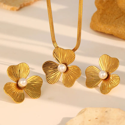 Stainless Steel Gold Flower Pearl Necklace Set