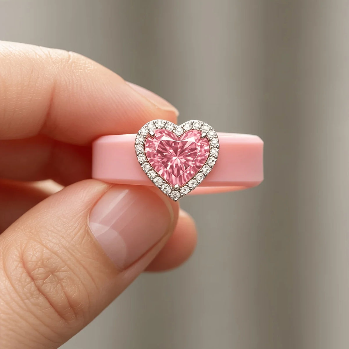 Elegant Pink Silicone Sparkling Pink Heart CZ Lightweight Ring