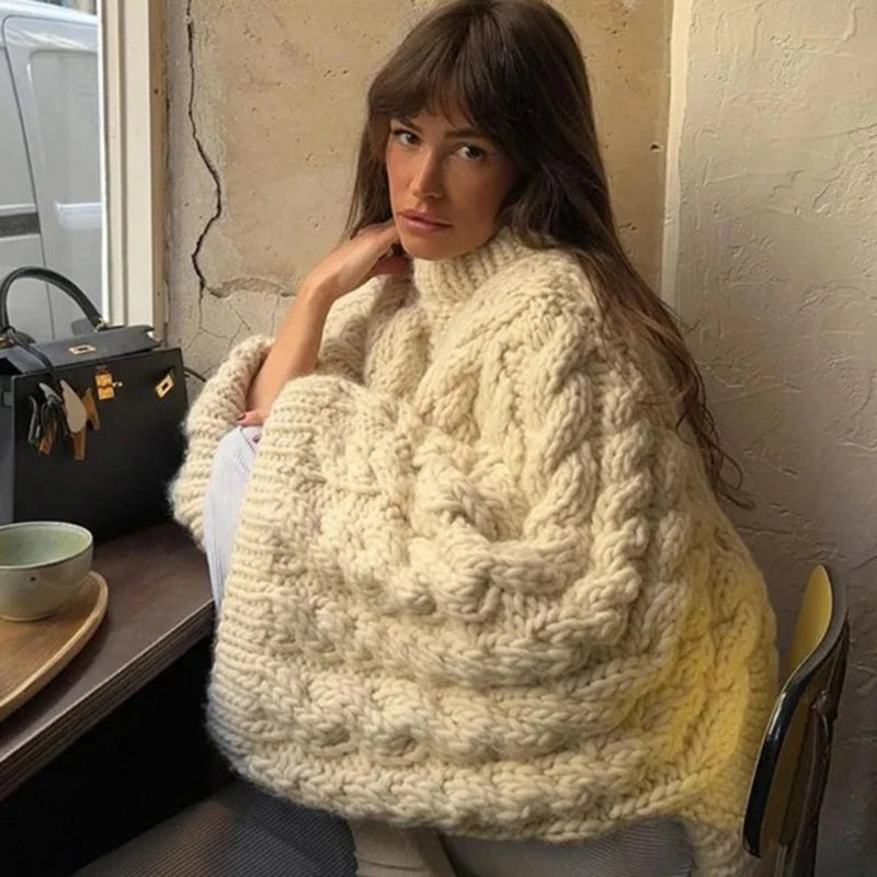 Oversize Knit Pullover Casual Lazy Round Neck Kink Solid Sweater