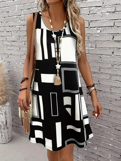 Geometric Pattern Sleeveless Midi Dress