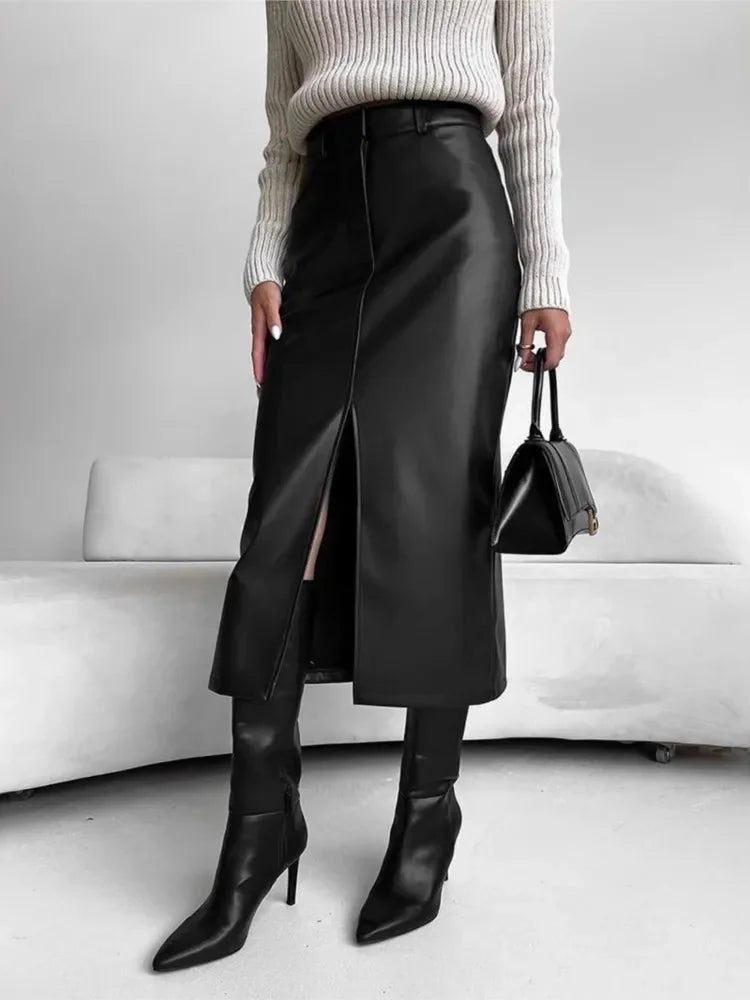 Leather High Waist Slit  Long Skirt