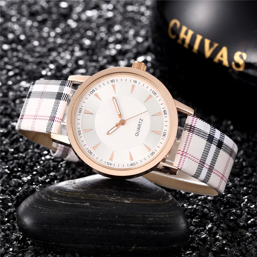 Vintage Plaid Leather Strap Quartz Wristwatches Watch