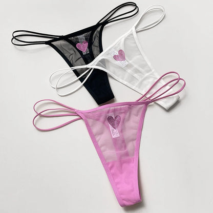 Lace Mesh Briefs Sexy Thong Transparent Rhinestones Heart G-String Lingerie