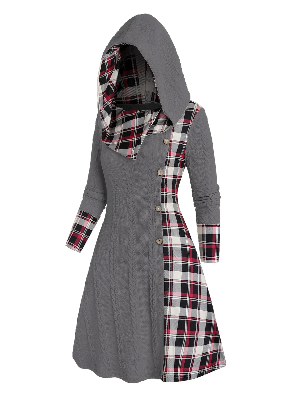 Knitted hooded plaid print stitching fake buckle high waist long sleeve dress