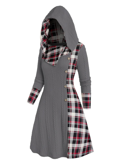 Knitted hooded plaid print stitching fake buckle high waist long sleeve dress