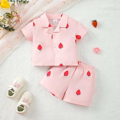 0-3 Years Cartoon Cute Pattern Short Sleeved Top+Shorts Set