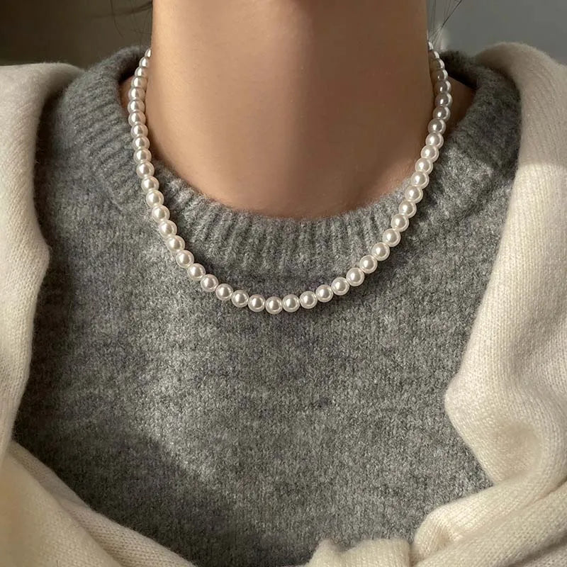 Imitation Pearl Magnet Round Buckle Beadeds Necklace Jewelry