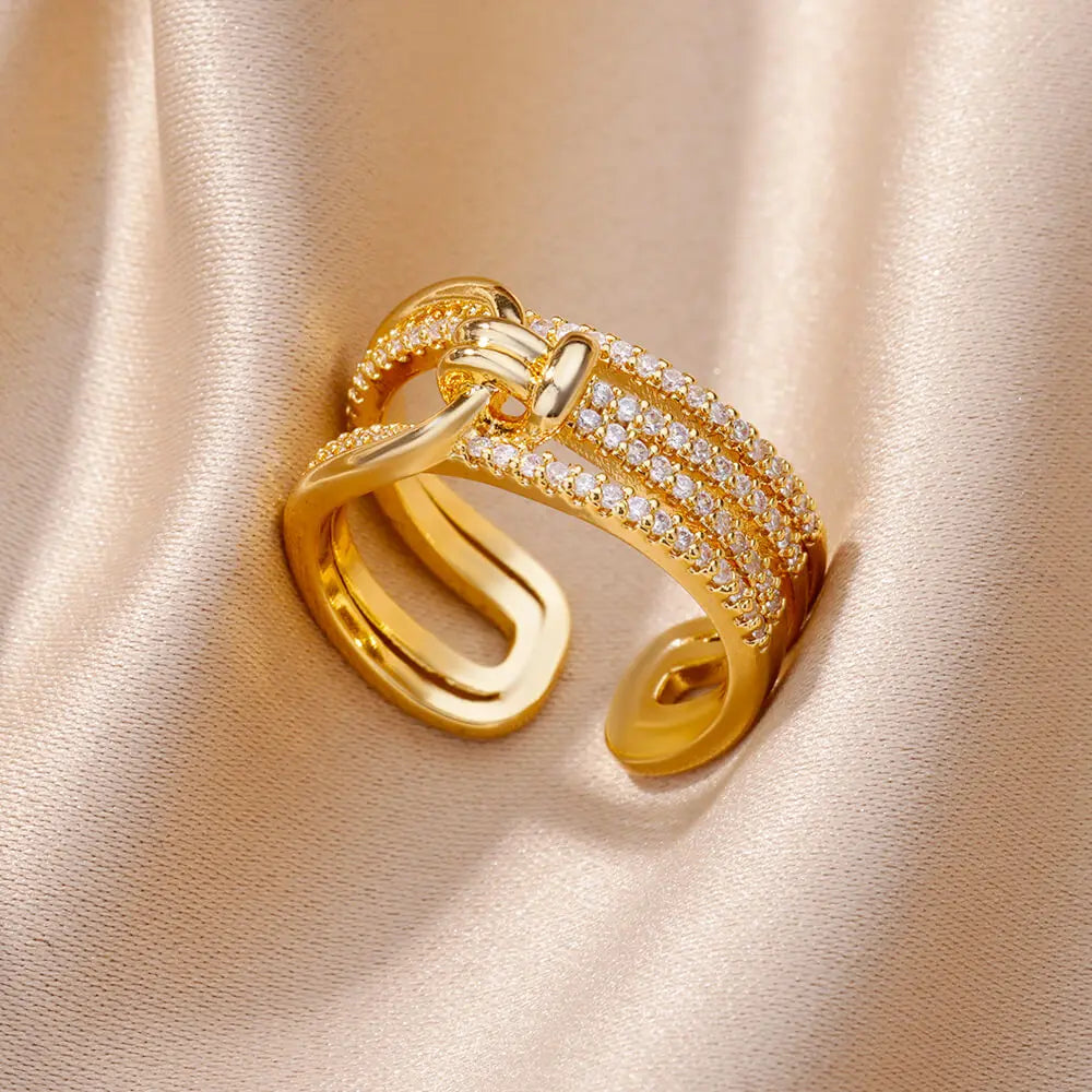 Chain Hollow Out Gold Stainless Steel Zircon Cross Ring