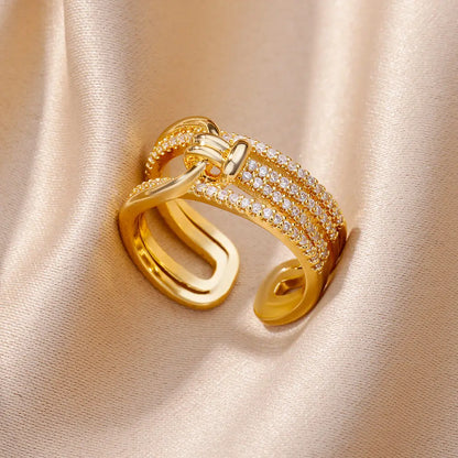 Chain Hollow Out Gold Stainless Steel Zircon Cross Ring