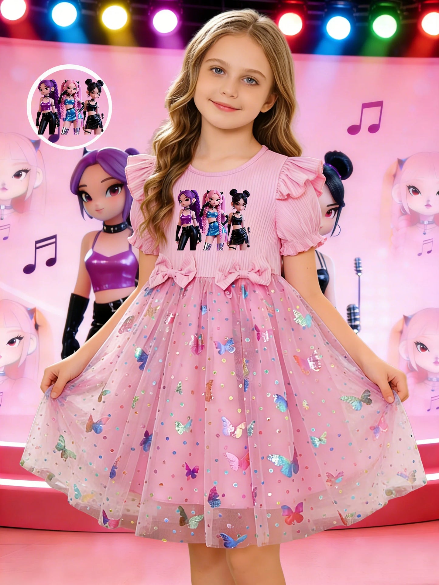 Double bows at the waist puff sleeves and a pink princess dress