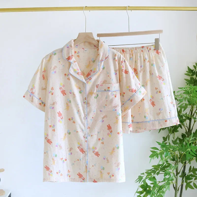 Japanese 100% Cotton Gauze Thin Short-sleeved Shorts Cute Cat Cartoon Pajama Set
