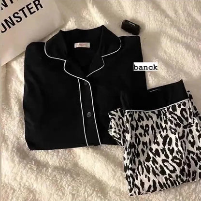 Korean Version Black Leopard Cardigan Thin Suit Set