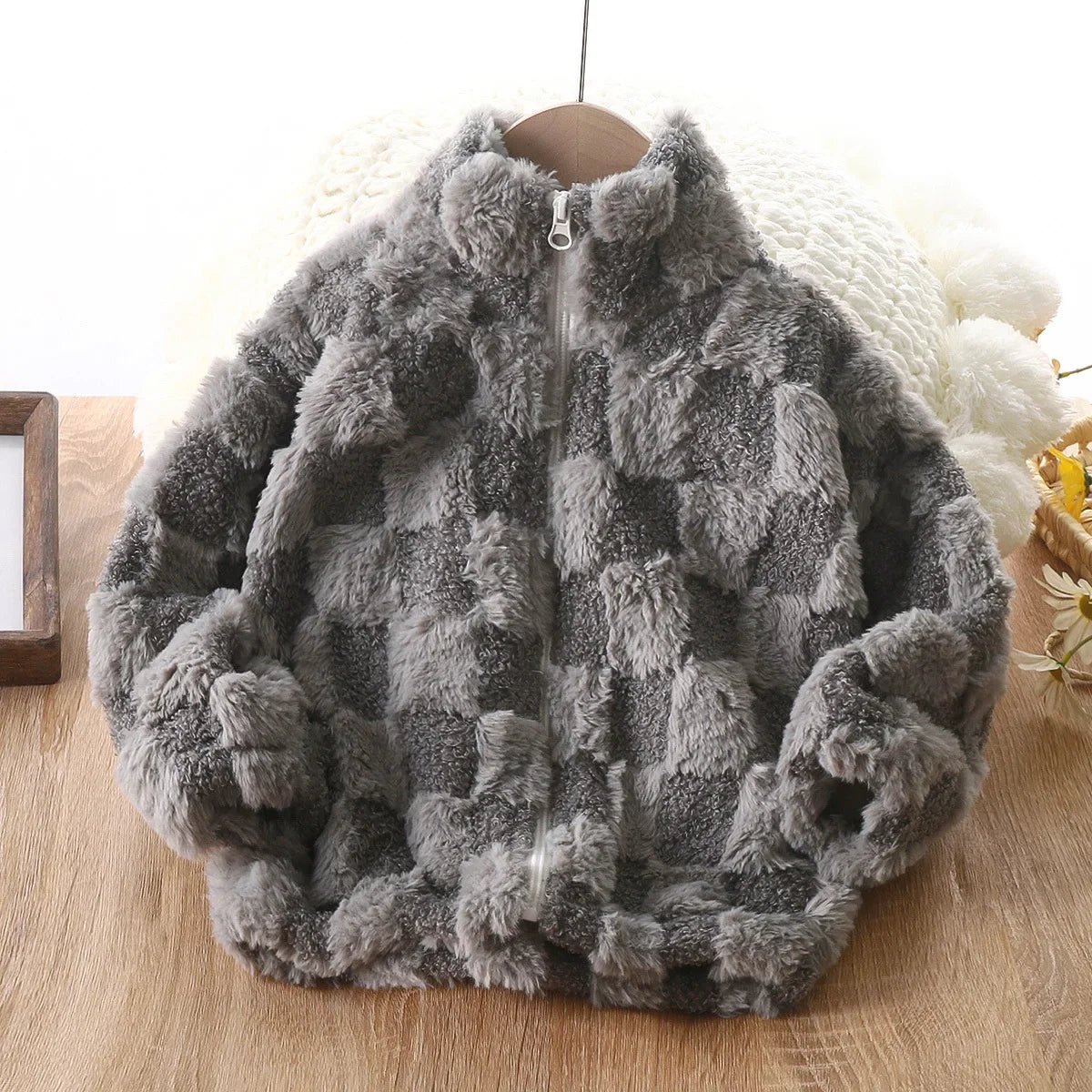 Plaid Pattern Fleece Coat Thick Cardigan with Zipper Stand Cozy Winter Coat